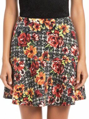 Xhilaration Floral Skater Mini Skirt Black White Flared Cute Zip Up Glam Sz M